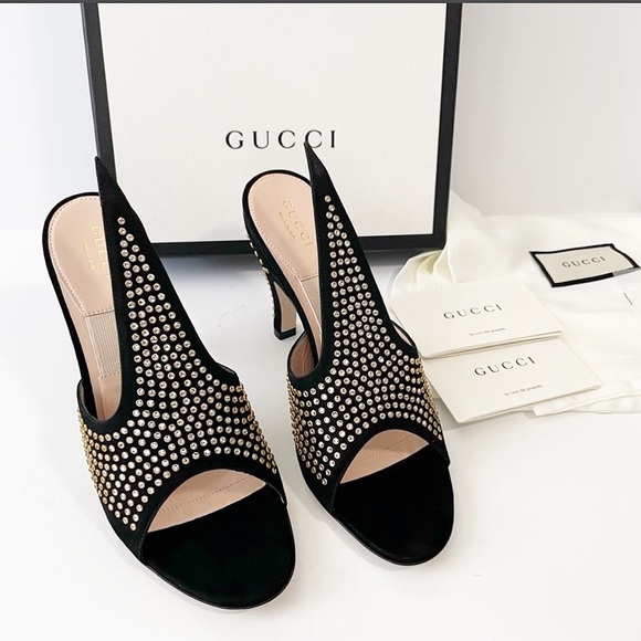 GUCCI Exaggerated point Crystal Suede Mules Black 37 7 glam era Renaissance - Picture 1 of 17